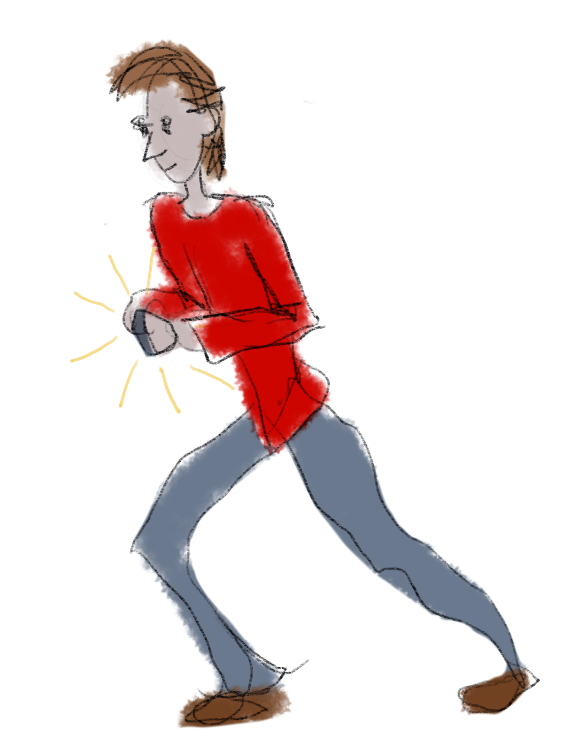 A cartoon somebody running with a phone, glowing in their hands